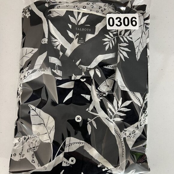Talbots M Shirt Tropical Panther Jungle Cat Print Sheer Blouse Black White Top - Picture 11 of 11